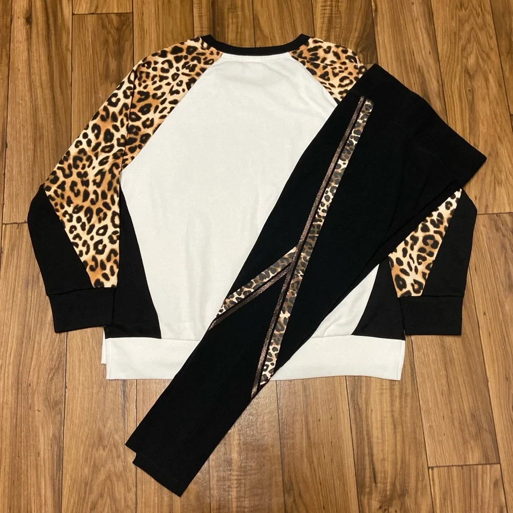 PINK VS COLOR BLOCK LEOPARD CAMPUS CREW PULLOVER W/ BLING LEOPARD YOGA LEGGINGS - Picture 7 of 10